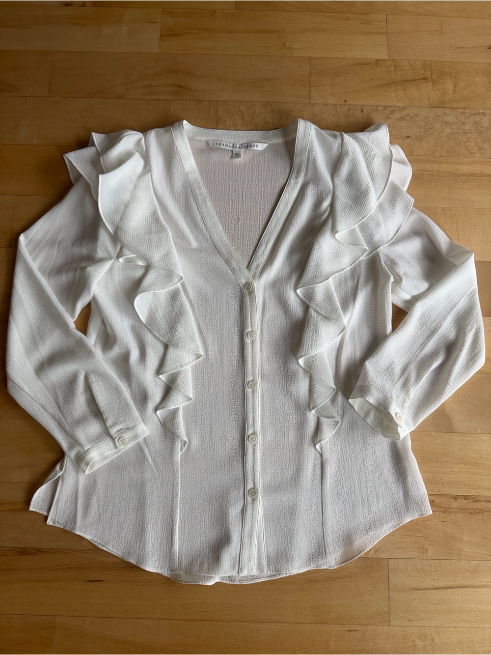 Veronica Beard Cream Ruffle V-Neck Button Front Blouse